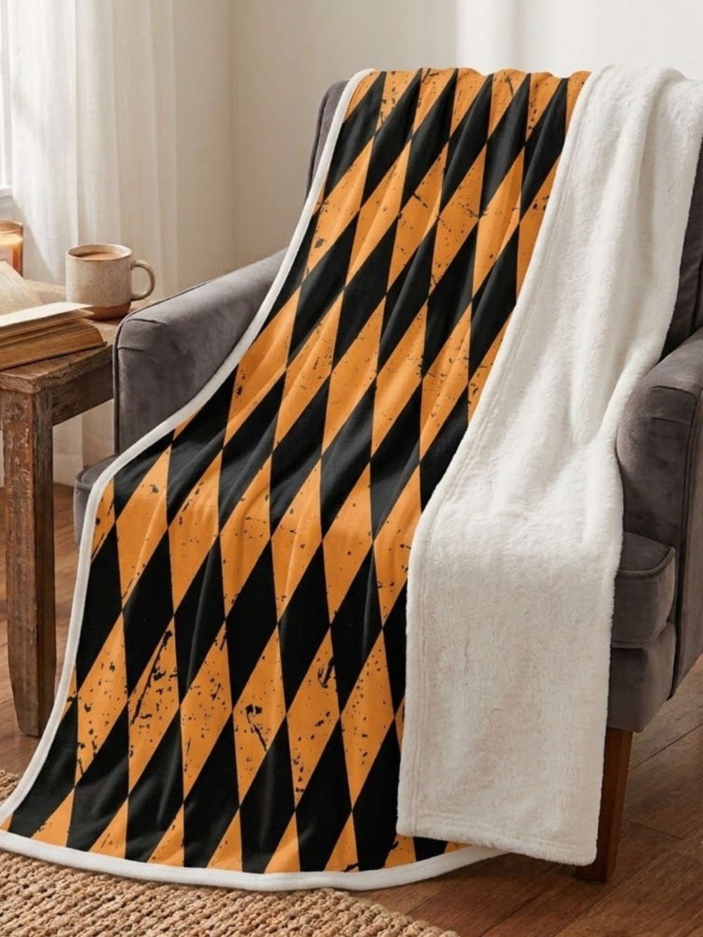 Cozy Halloween Plush Sherpa Blanket - Orange & Black